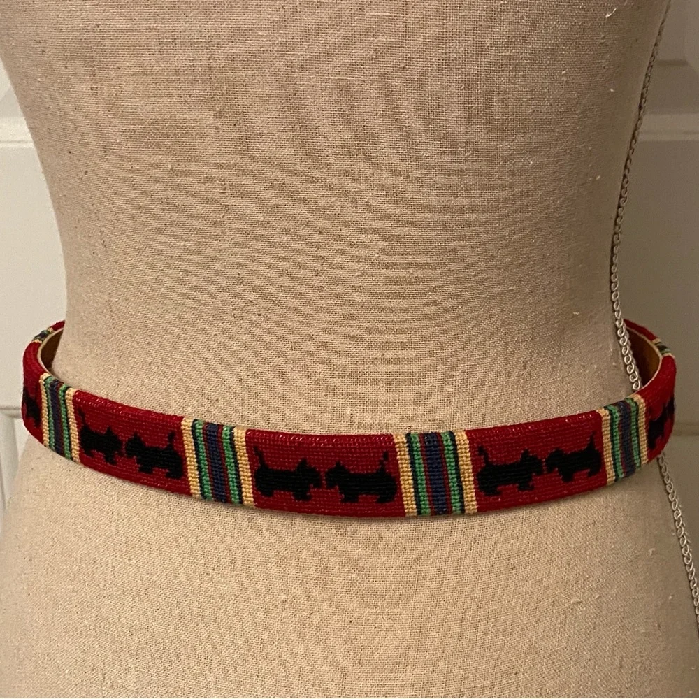 NEEDLEPOINT BELT HAND CRAFTED RED BLACK SCOTTIE DOGS TERRIER LEATHER SIZE 32